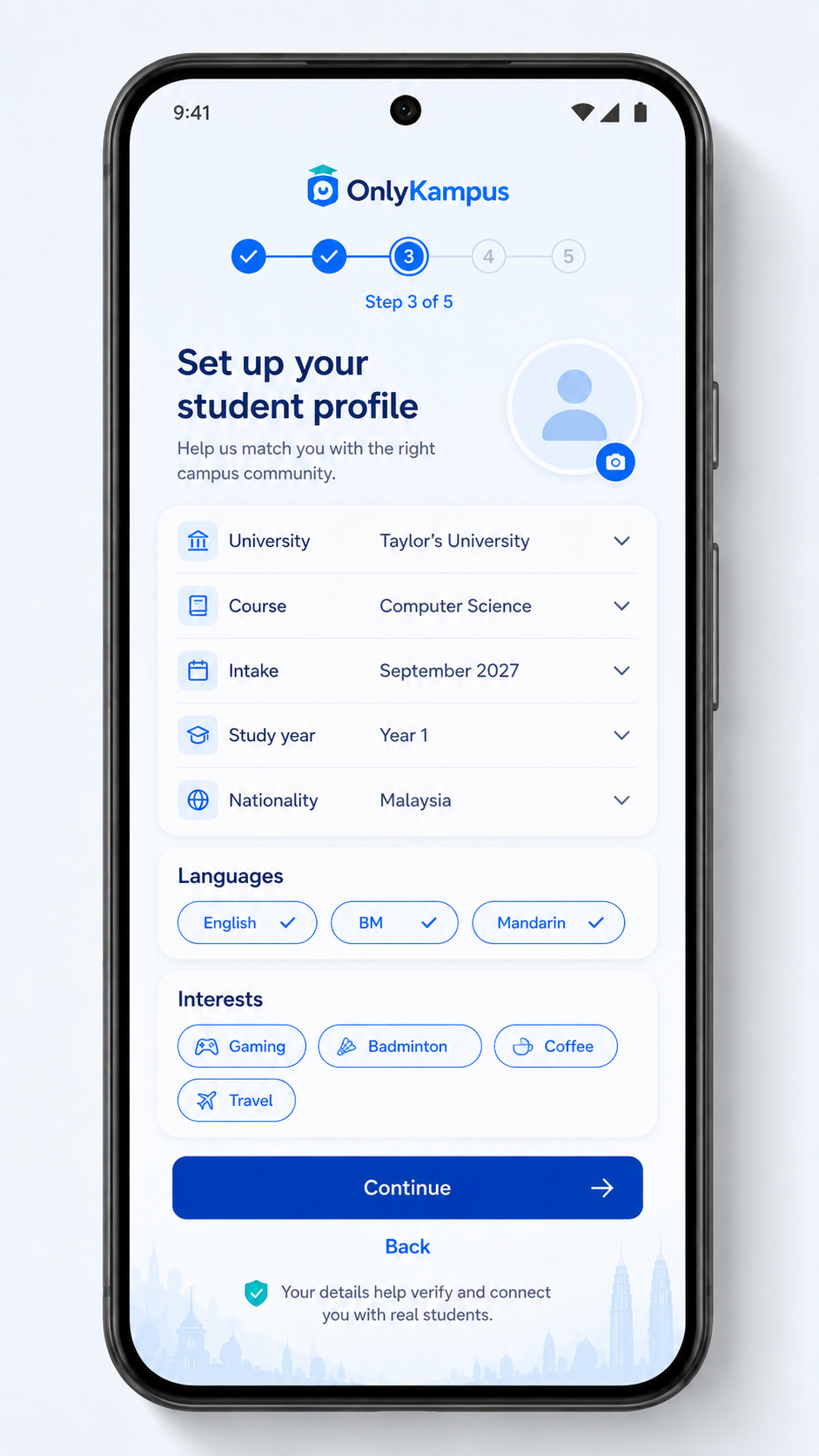 OnlyKampus student profile setup screen